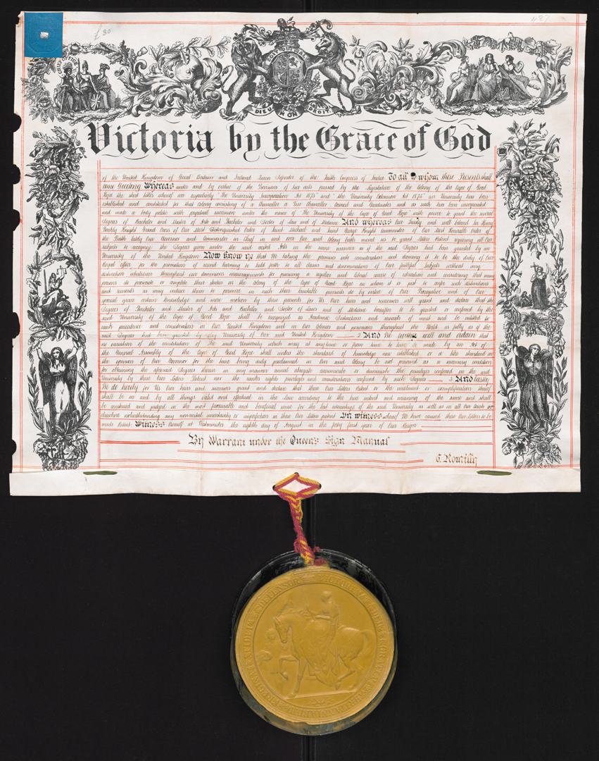<p>Queen Victoria bestows a royal charter on the University of the Cape of Good Hope, signifying that its degrees are “not in any way inferior” to those awarded in Great Britain.</p>